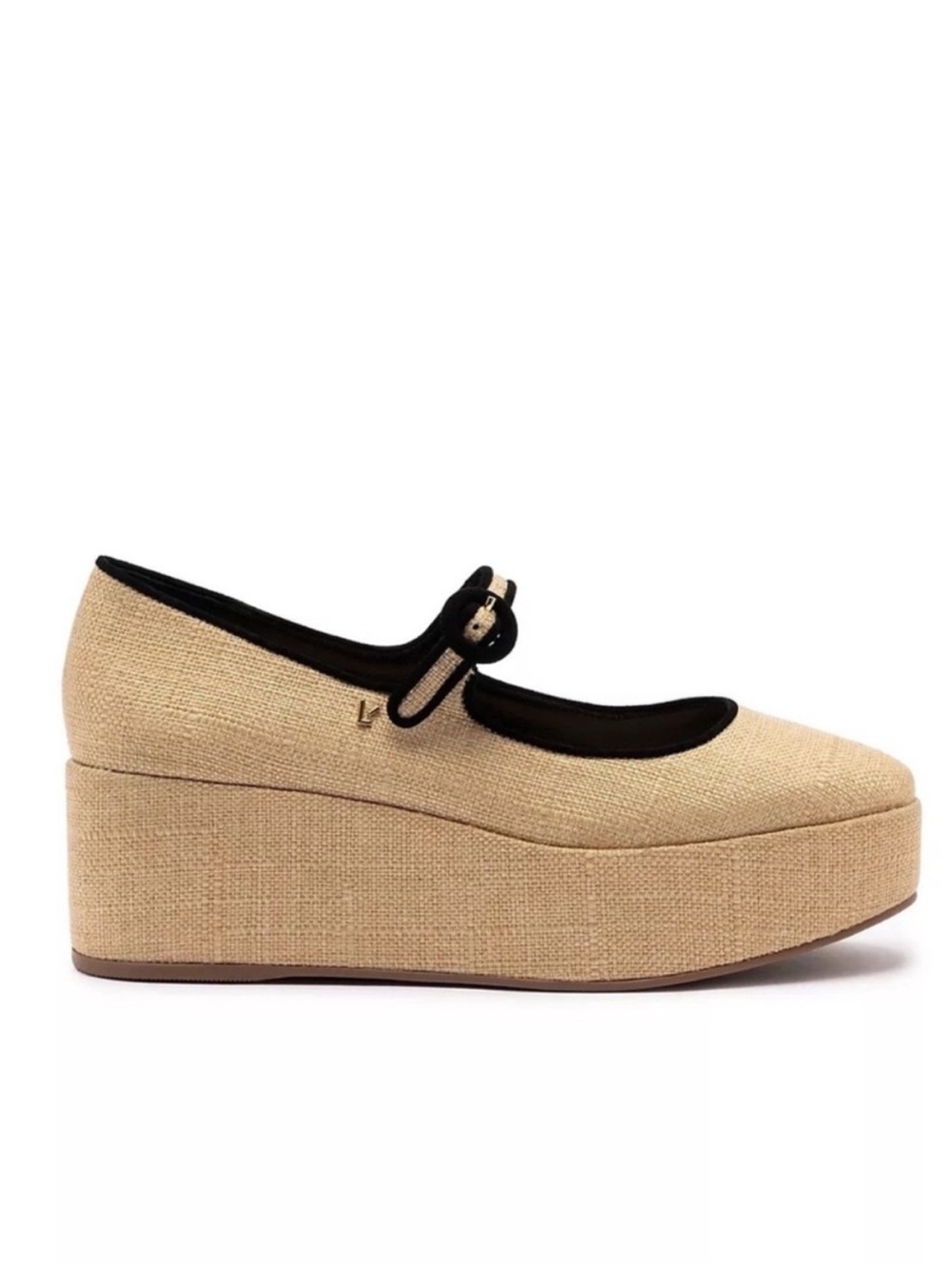 Larroude Blair Flatform Mary Jane Shoe in a beige raffia